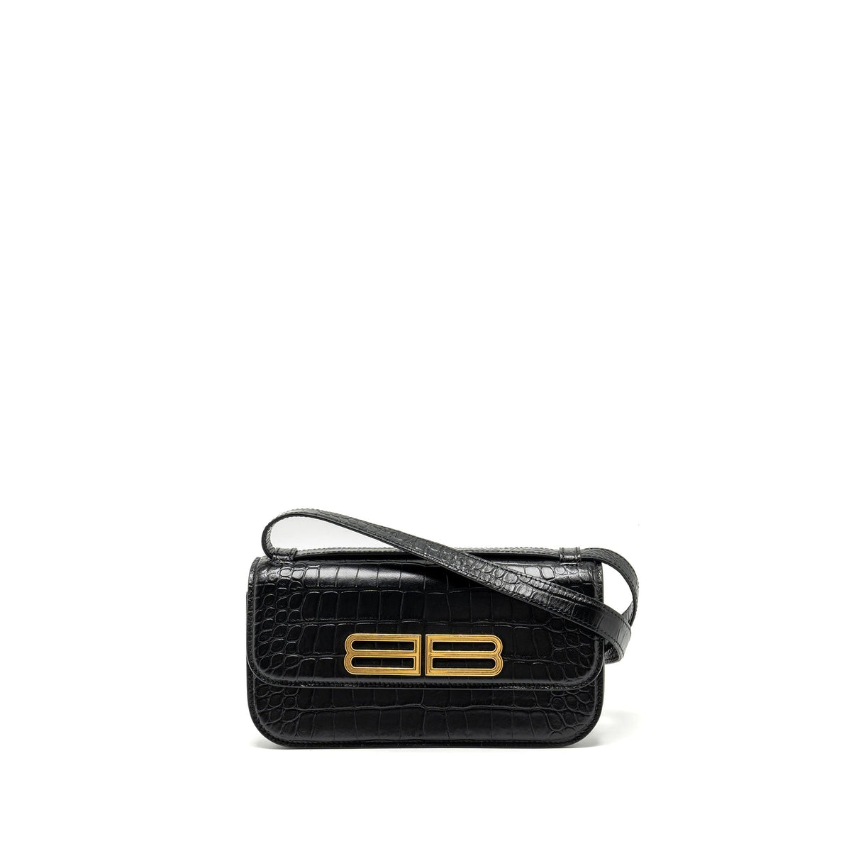 BALENCIAGA GOSSIP SHOULDER BAG CROC-EMBOSSED CALFSKIN BLACK GHW