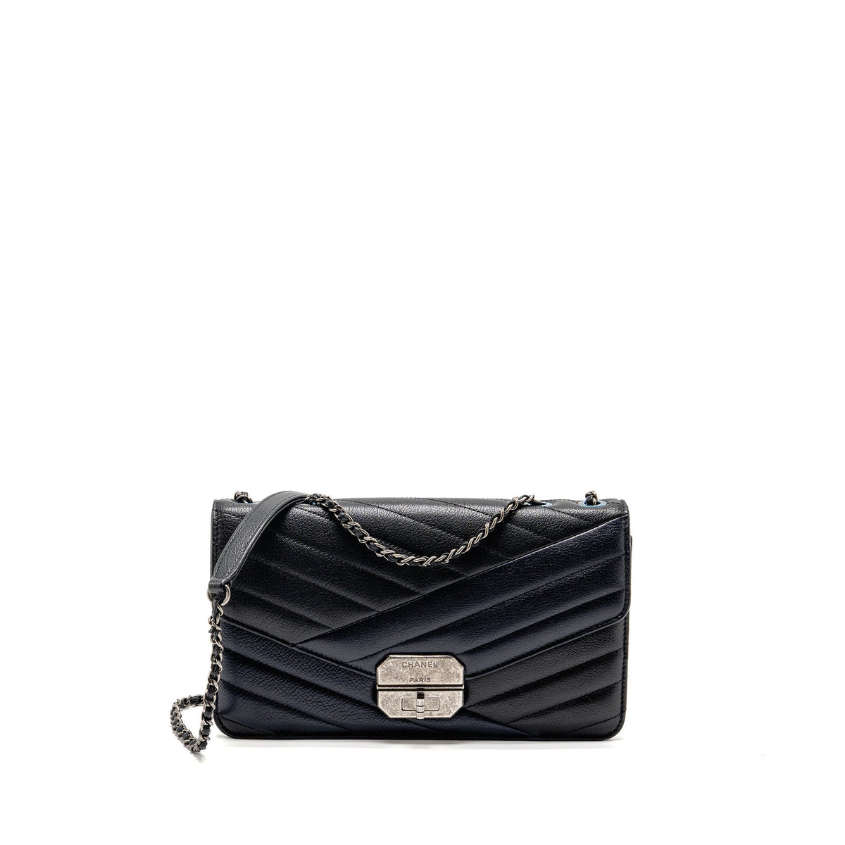 CHANEL ENVELOP METAL PLATE FLAP BAG CHEVRON CALFSKIN BLACK/NAVY RUTHENIUM SILVER HARDWARE