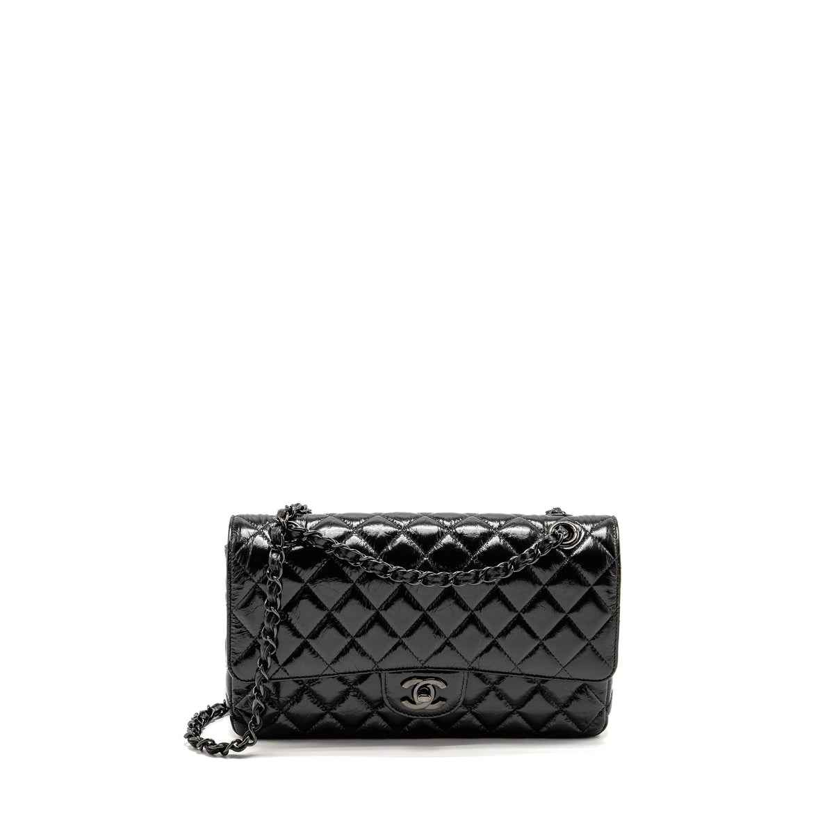 CHANEL MEDIUM CLASSIC DOUBLE FLAP BAG PATENT SO BLACK