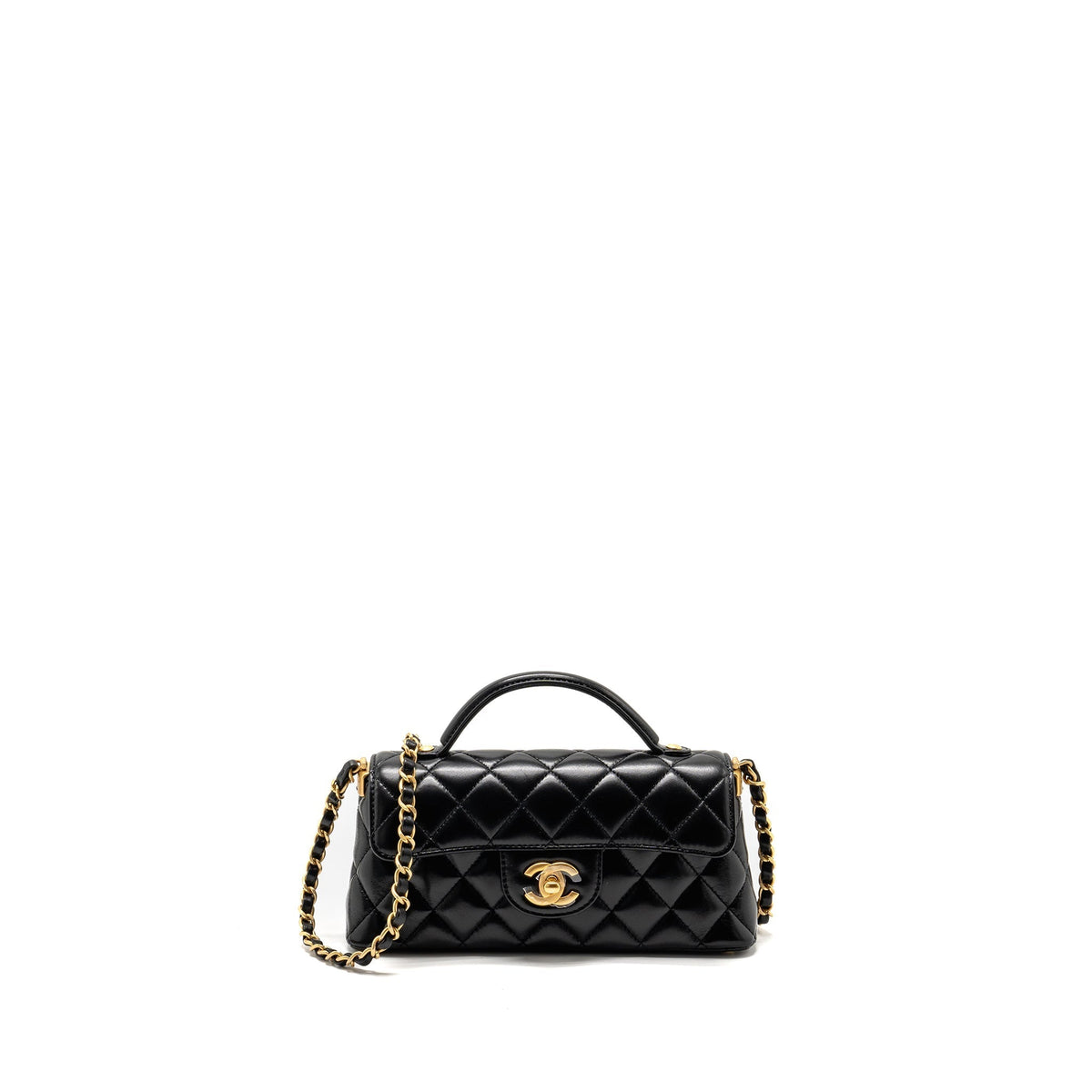 CHANEL 25P TOP HANDLE FLAP BAG SHINY LAMBSKIN BLACK GHW(MICROCHIP)