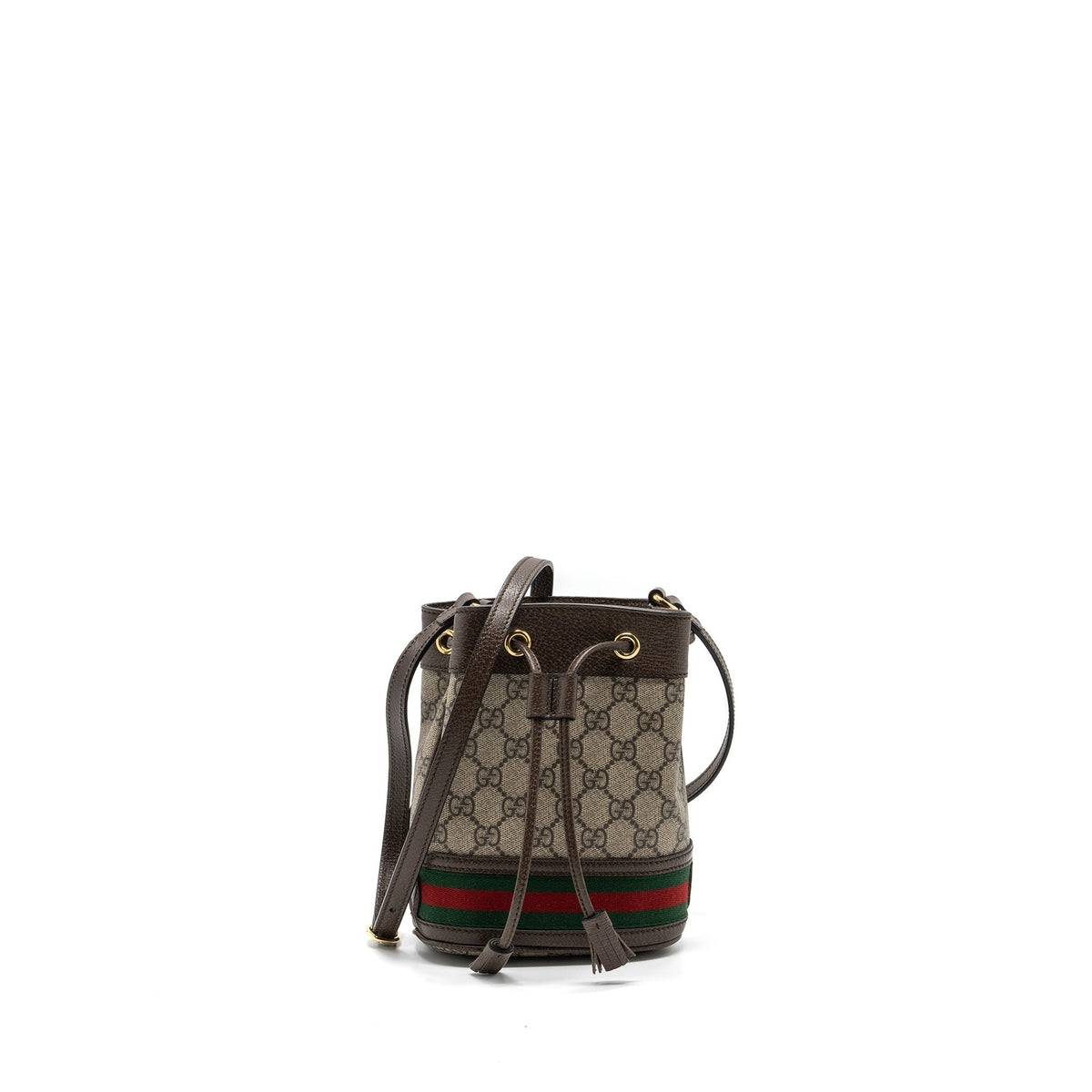 GUCCI OPHIDIA MINI GG BUCKET BAG BEIGE / EBONY GG SUPREME CANVAS GHW