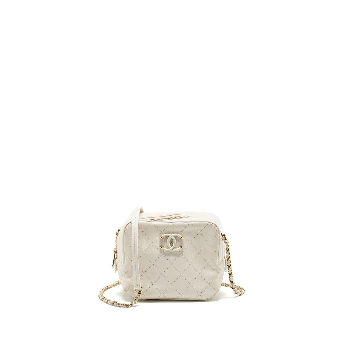 CHANEL MINI CAMERA BAG WITH CHAIN CALFSKIN WHITE LGHW