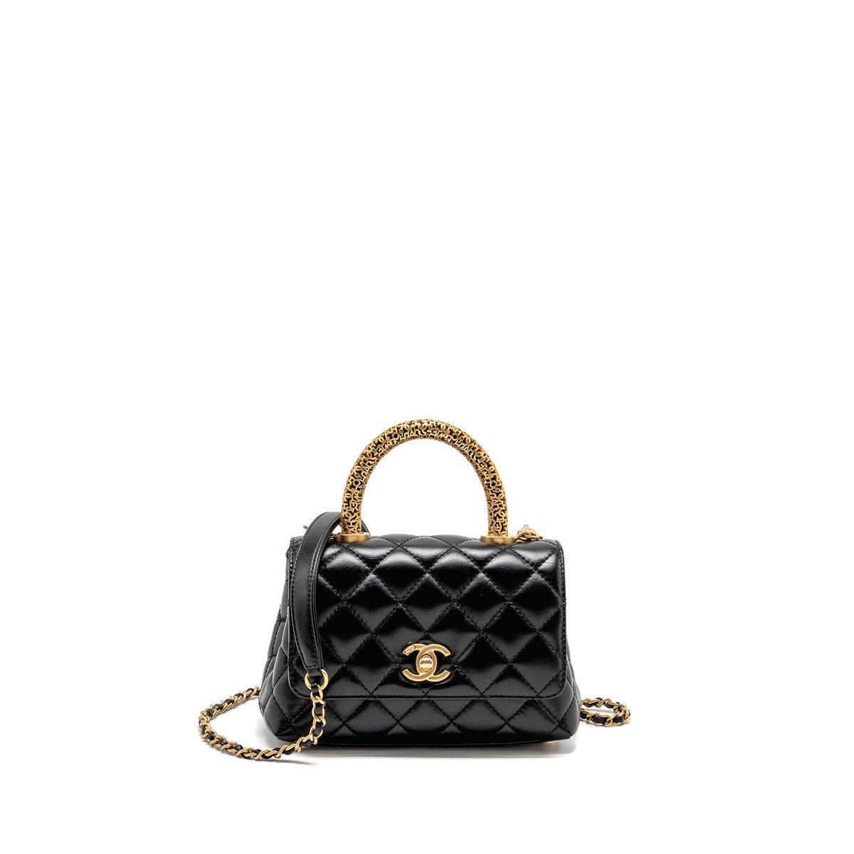 CHANEL DETAILED METAL TOP HANDLE MINI COCO HANDLE FLAP BAG SHINY CALFSKIN BLACK GHW (MICROCHIP)