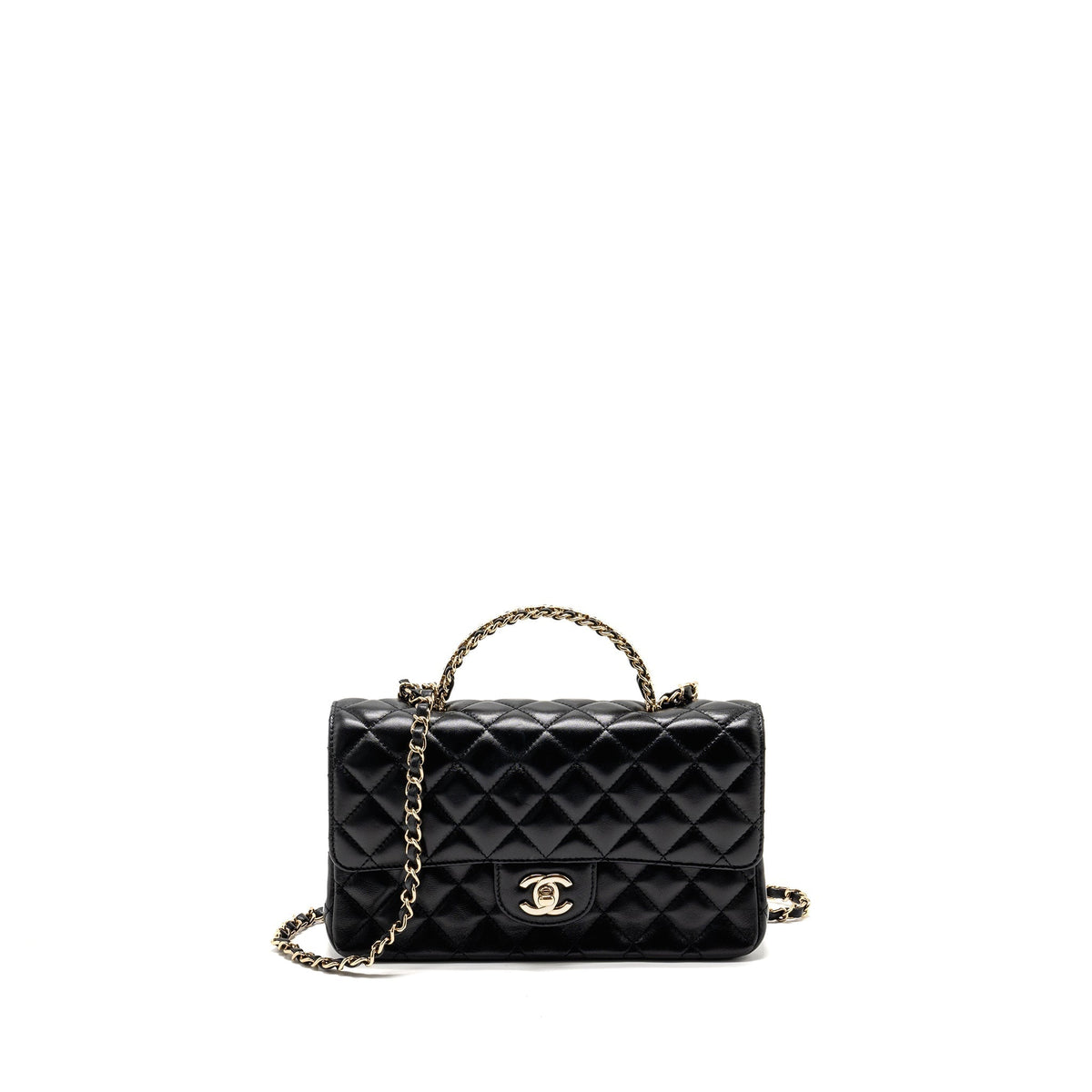 CHANEL 23A CRYSTAL TOP HANDLE FLAP BAG SHINY LAMBSKIN BLACK LGHW(MICROCHIP)