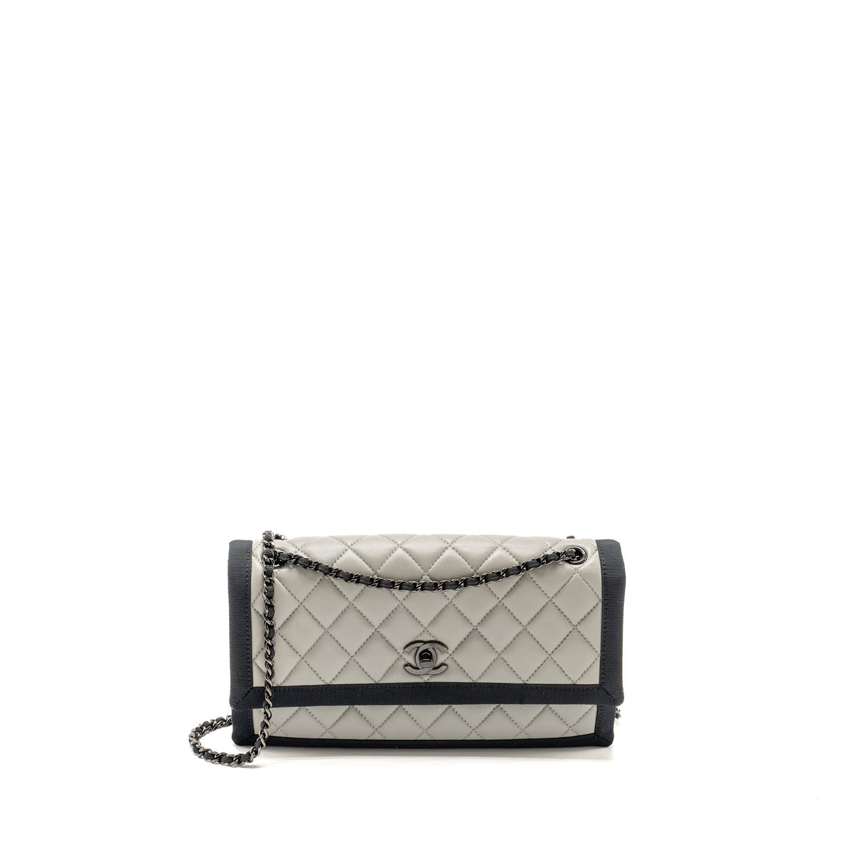 CHANEL QUILTED FLAP WITH FABRIC EDGE LAMBSKIN GREY/ BLACK WITH BLACK HARDWARE