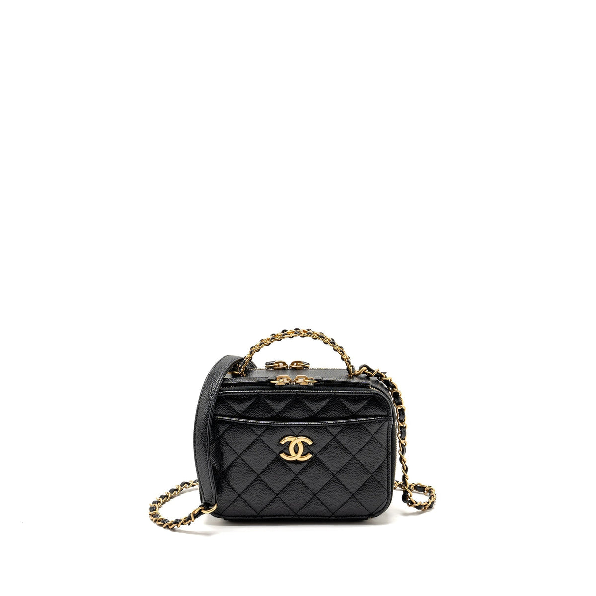 CHANEL LOGO DETAILED HANDLE MINI PICK ME UP VANITY CASE CAVIAR BLACK GHW (MICROCHIP)
