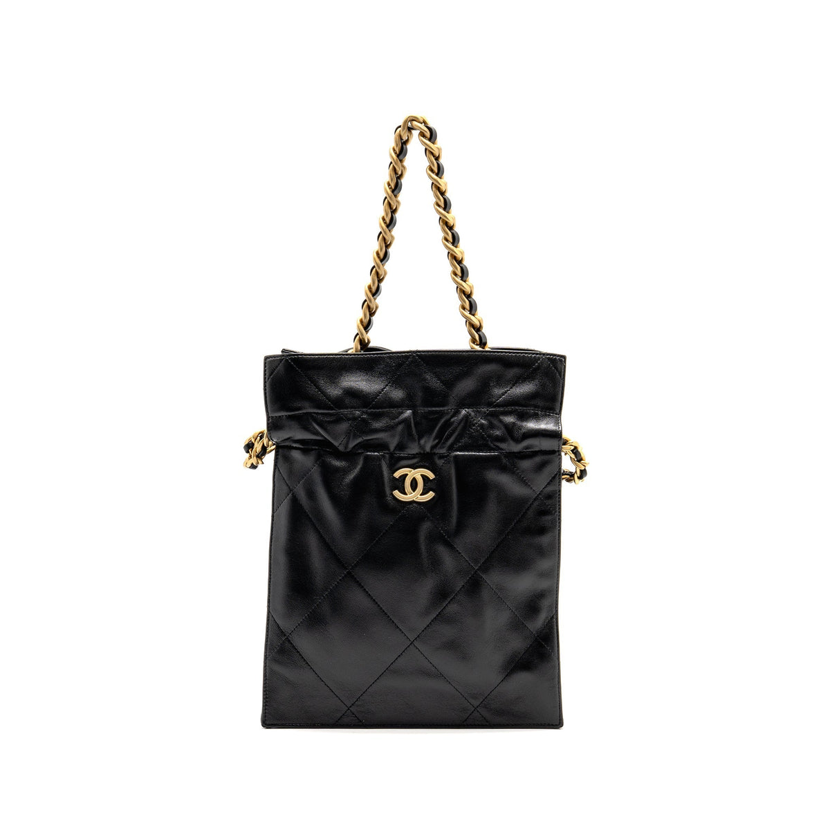 CHANEL SMALL DRAWSTRING TOTE BAG WITH CHAIN SHINY LAMBSKIN BLACK GHW