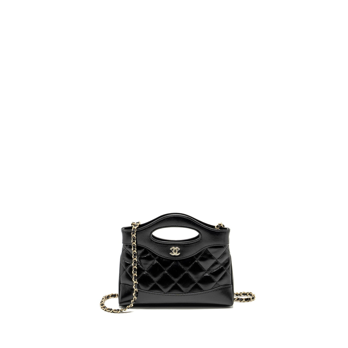 CHANEL MINI 31 CLUTCH WITH CHAIN SHINY LAMBSKIN BLACK LGHW (MICROCHIP)