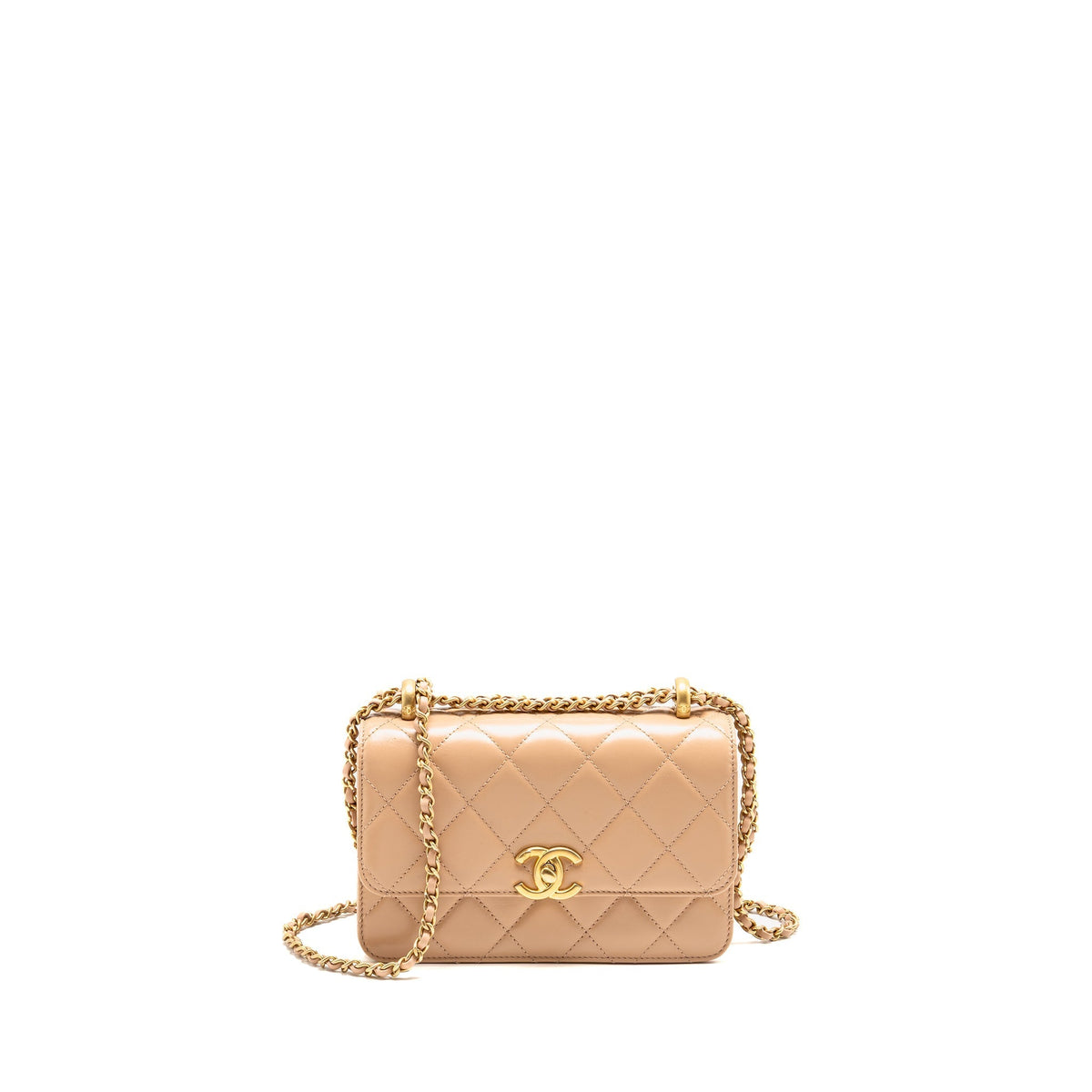 CHANEL GOLD CRUSH MINI FLAP BAG CALFSKIN BEIGE GHW (MICROCHIP)