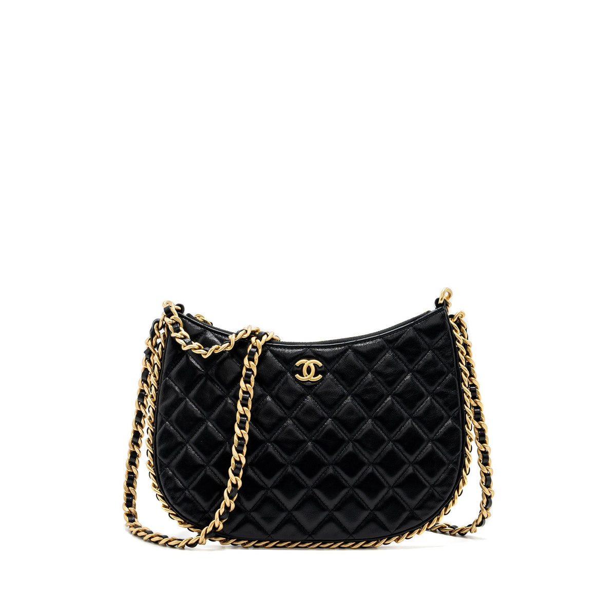 CHANEL MOON HOBO SHOULDER / CROSSBODY BAG GOATSKIN BLACK BRUSHED GHW (MICROCHIP)