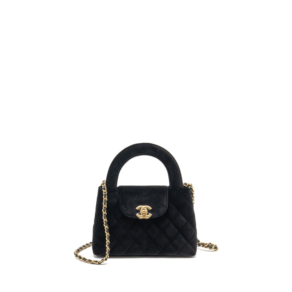 CHANEL MINI KELLY SHOPPING TOTE BAG VELVET BLACK GHW (MICROCHIP)