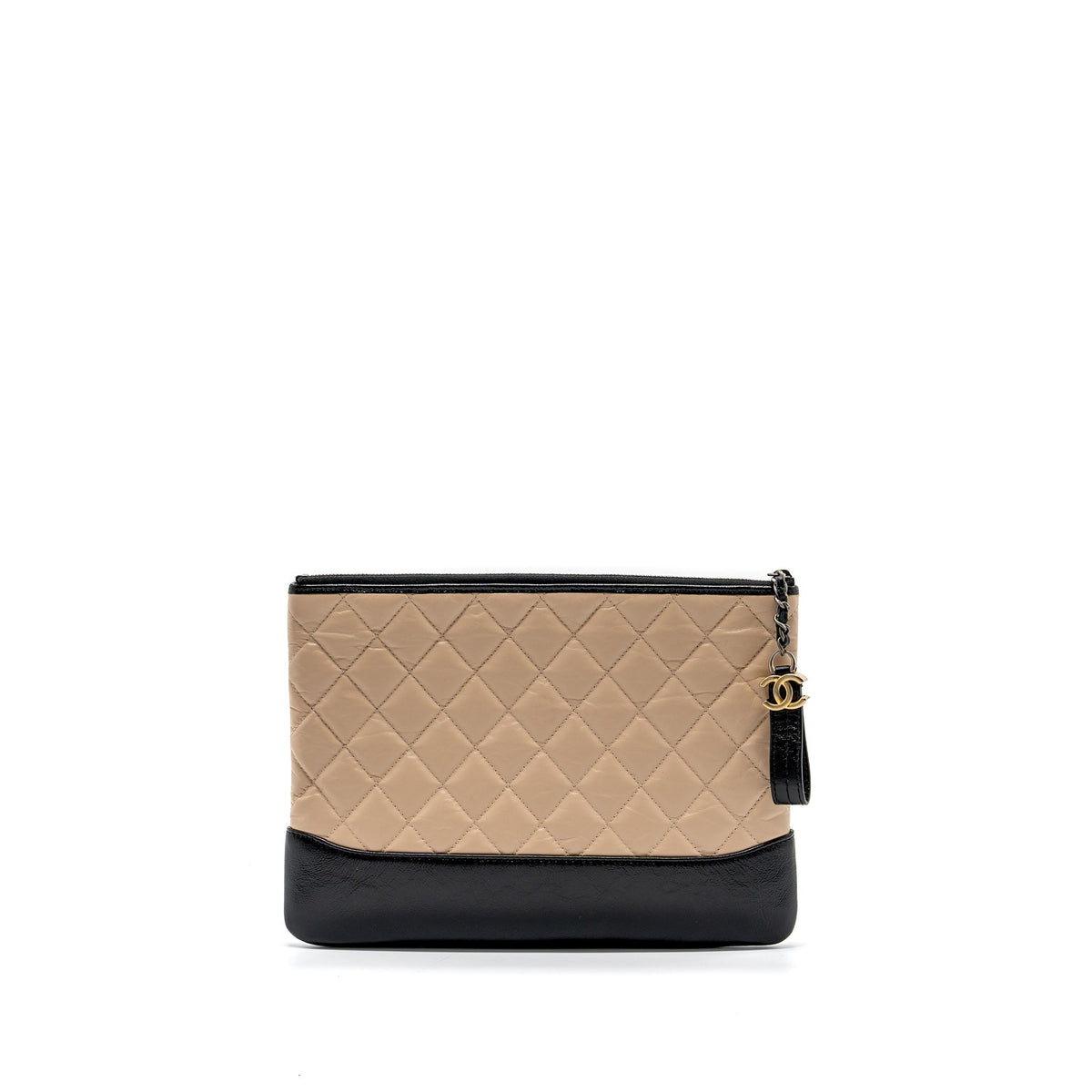CHANEL GABRIELLE ZIP CLUTCH BAG CALFSKIN BEIGE / BLACK MULTICOLOUR HARDWARE