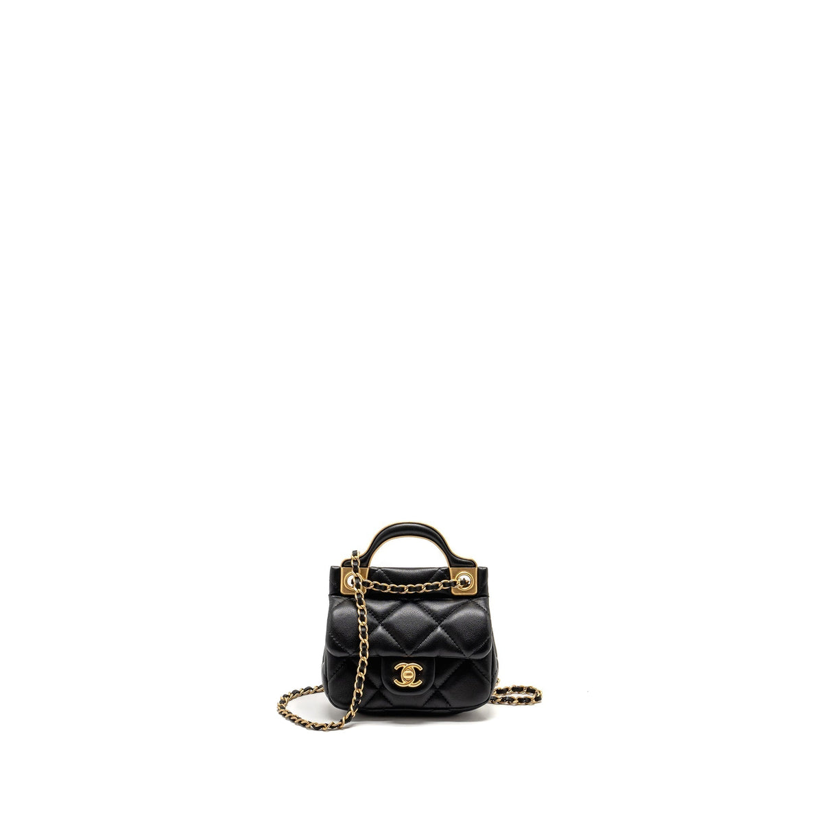 CHANEL 21A TOP HANDLE MINI FLAP CARD HOLDER WITH CHAIN LAMBSKIN BLACK GHW
