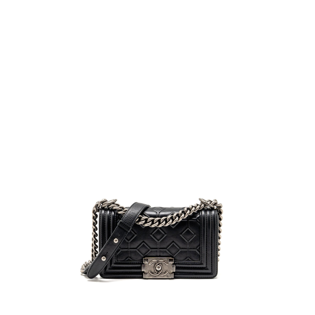 CHANEL SMALL BOY BAG ARABESQUE CALFSKIN BLACK RUTHENIUM SHW