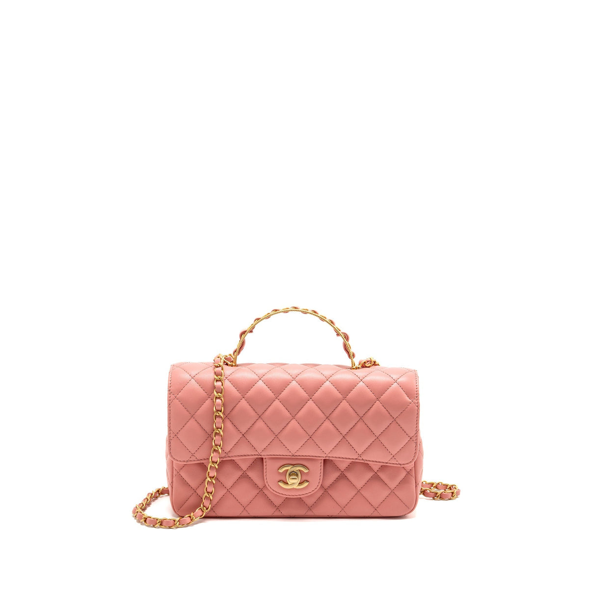 CHANEL 23K DETAIL TOP HANDLE FLAP BAG LAMBSKIN PINK GHW (MICROCHIP)