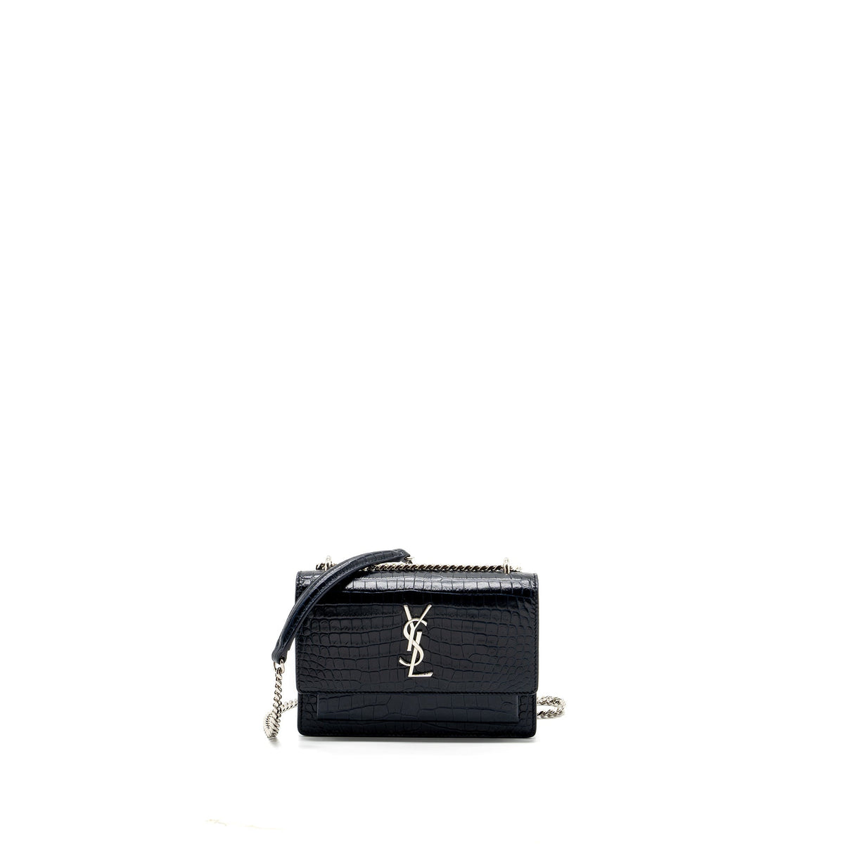 SAINT LAURENT/YSL MINI SUNSET BAG CROCODILE-EMBOSSED CALFSKIN NAVY SHW