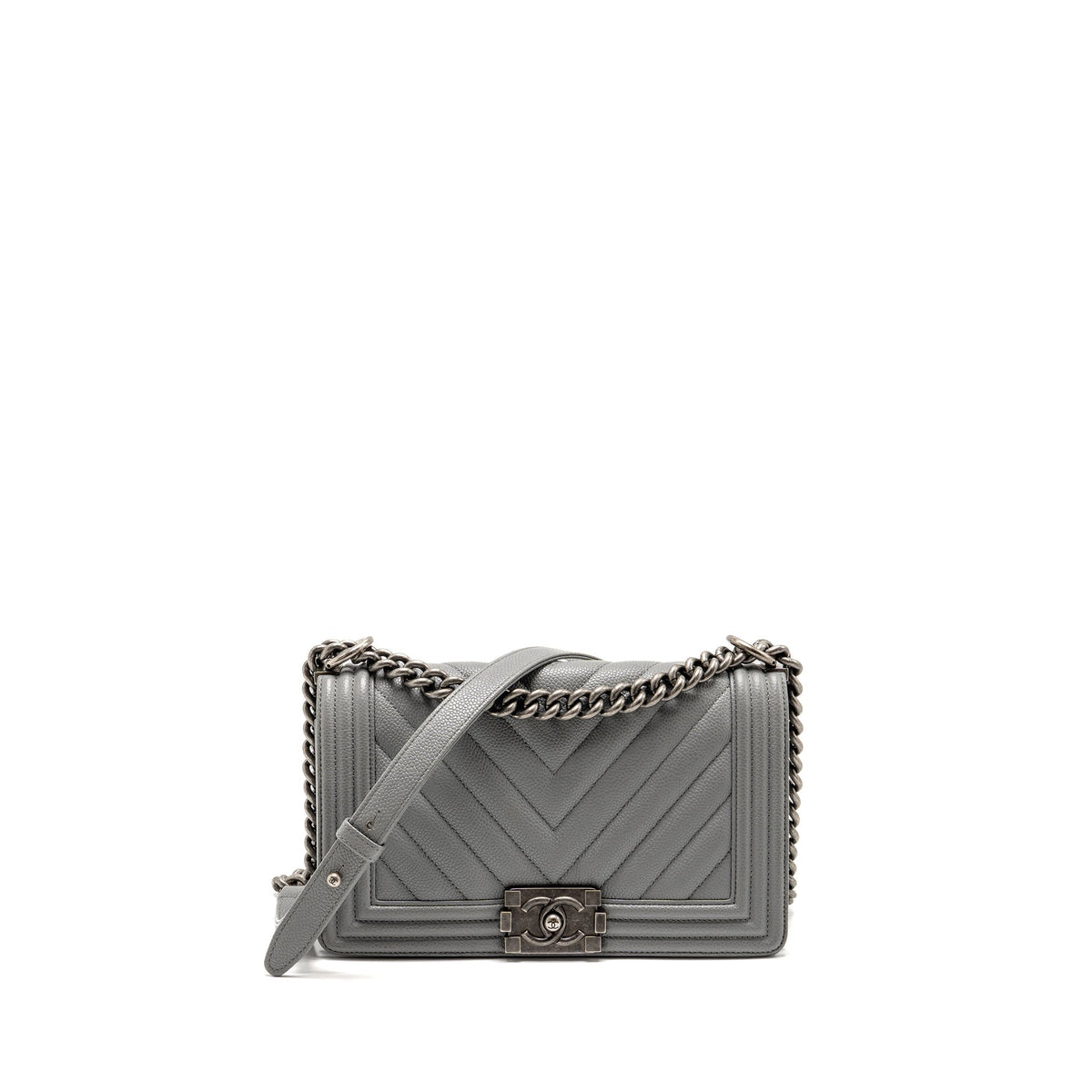 CHANEL MEDIUM BOY BAG CHEVRON CAVIAR GREY RUTHENIUM SILVER HARDWARE