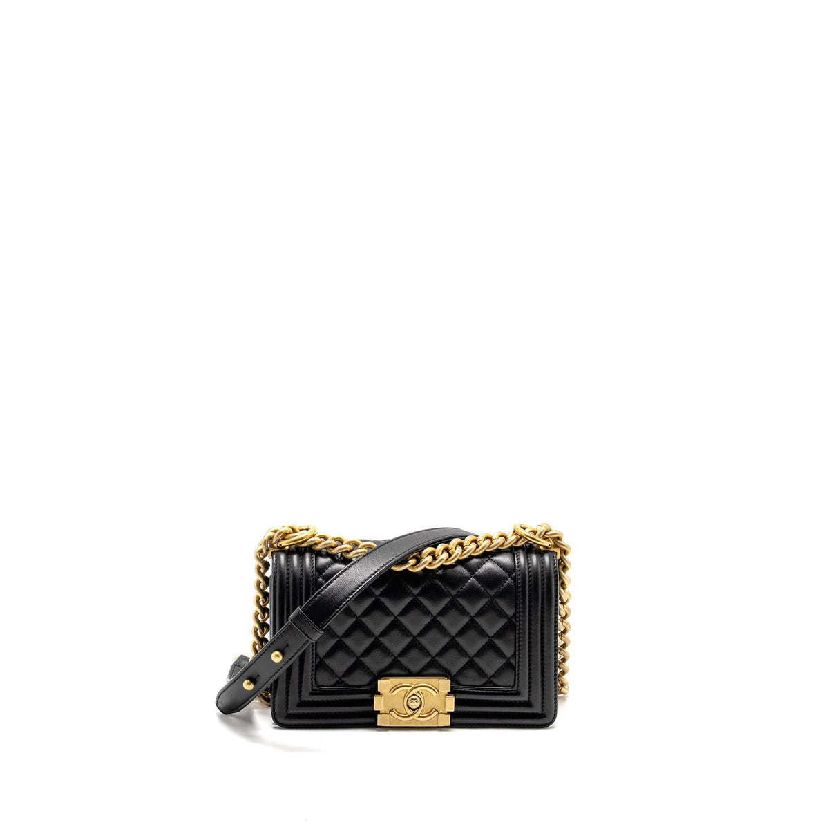 CHANEL SMALL BOY BAG CALFSKIN BLACK GHW (MICROCHIP)