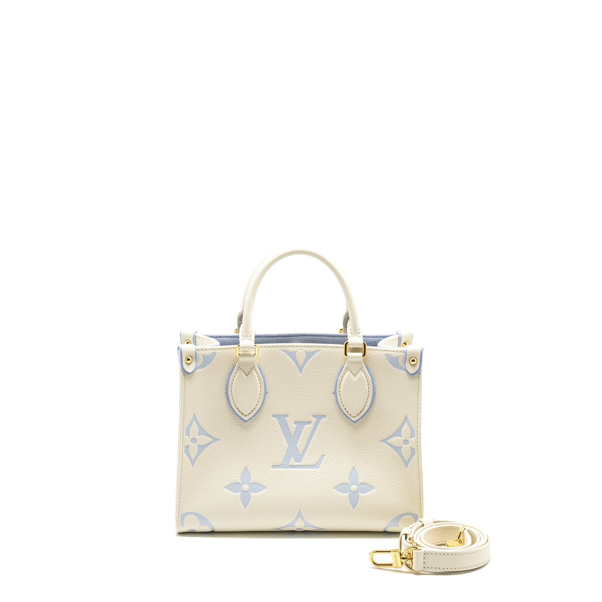 LOUIS VUITTON ONTHEGO PM BICOLOUR MONOGRAM EMPREINTE LATTE/CANDY BLUE GHW