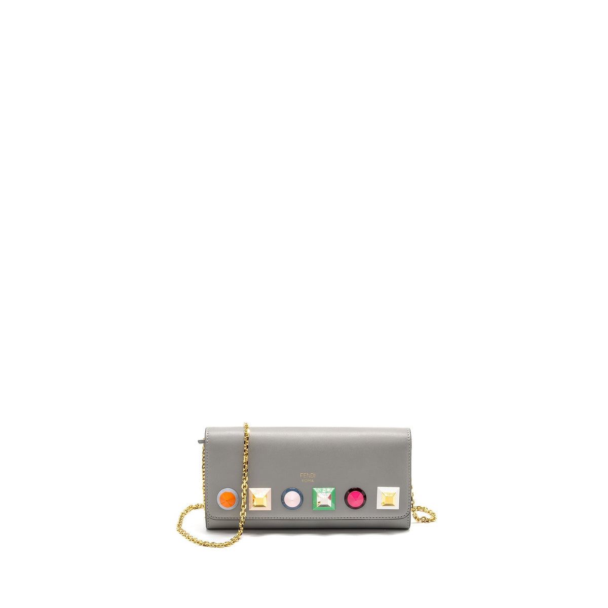 FENDI VITELLO LIBERTY STUDDED CHAIN WALLET CALFSKIN GREY / MULTICOLOUR GHW