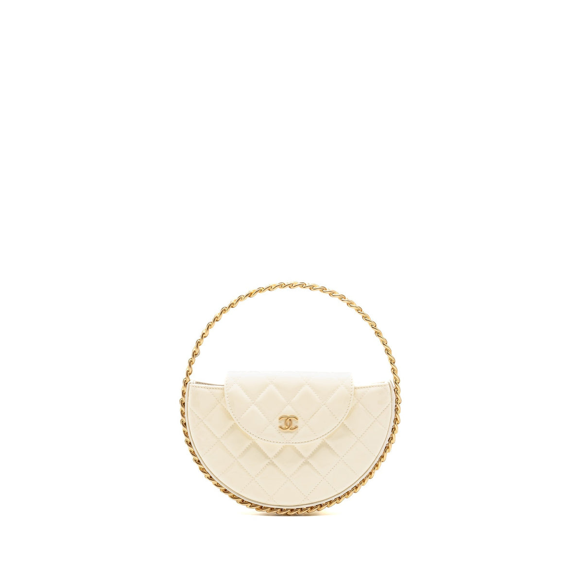 CHANEL ROUND CLUTCH PATENT LEATHER WHITE GHW (MICROCHIP)