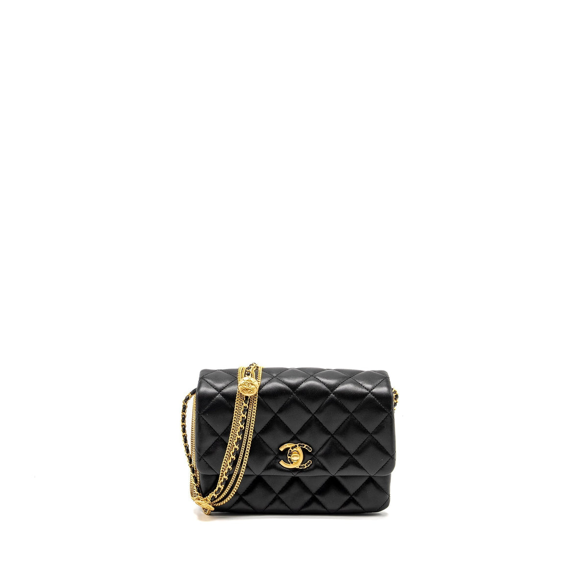 CHANEL 22A BUTTON ON CHAIN FLAP BAG LAMBSKIN BLACK GHW (MICROCHIP)