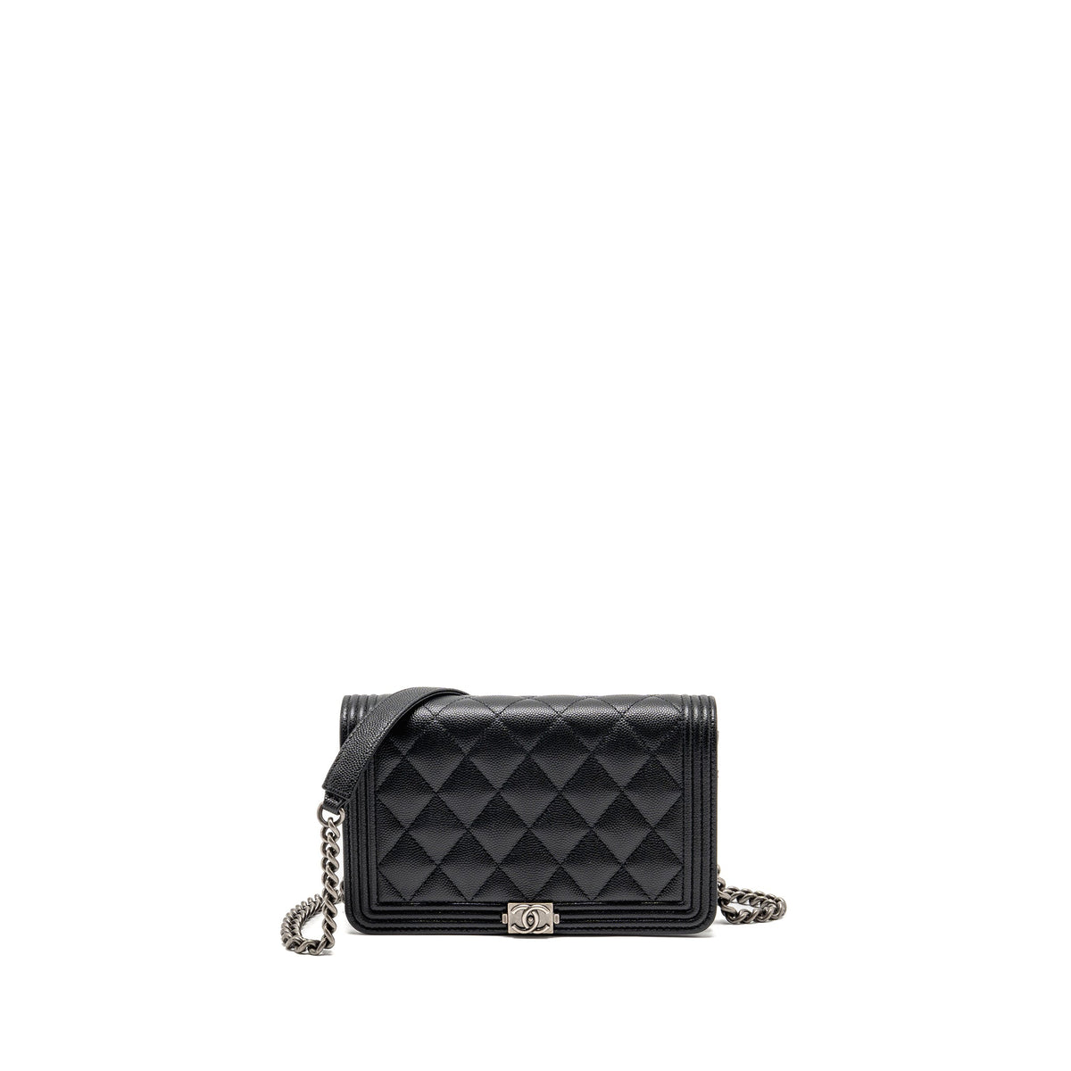 CHANEL BOY WALLET ON CHAIN CAVIAR BLACK RUTHENIUM SHW (MICROCHIP)