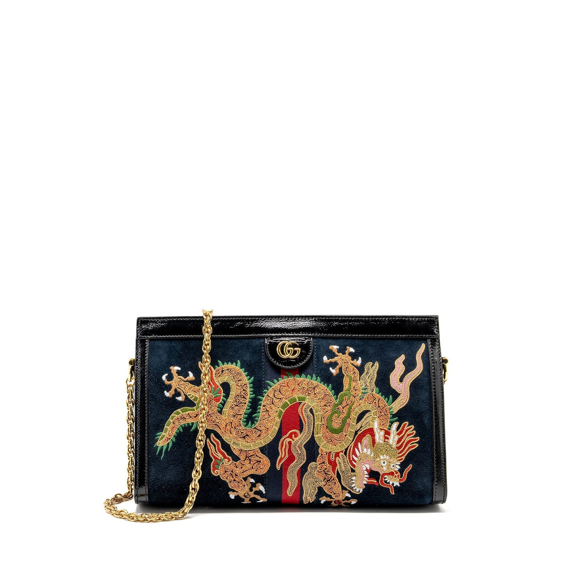 GUCCI OPHIDIA CHAIN BAG DRAGON EMBROIDERED SUEDE BLUE/BLACK/MULTICOLOUR GHW