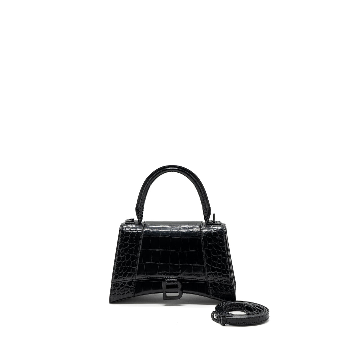 BALENCIAGA HOURGLASS S CROC-EMBOSSED CALFSKIN SO BLACK