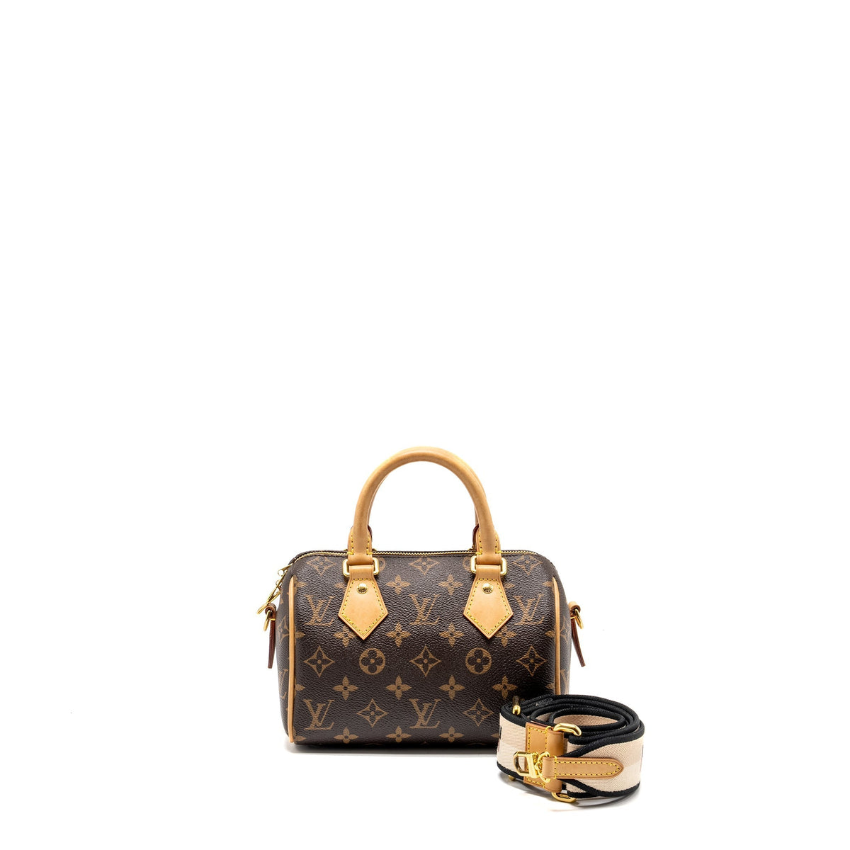 LOUIS VUITTON SPEEDY BANDOULIERE 20 MONOGRAM CANVAS WITH BLACK STRAP GHW