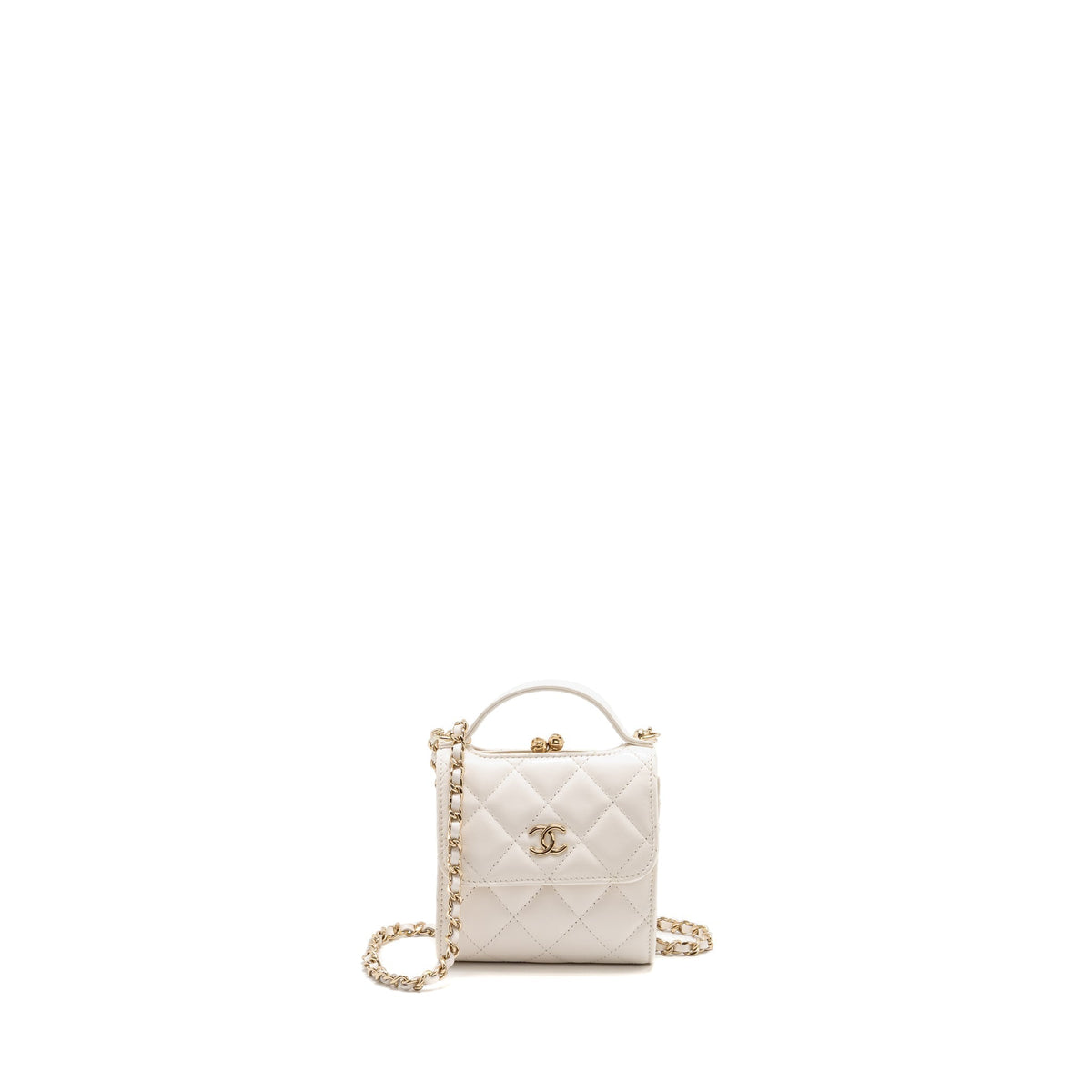 CHANEL TOP HANDLE FLAP KISS LOCK MINI CLUTCH WITH CHAIN LAMBSKIN WHITE LGHW (MICROCHIP)