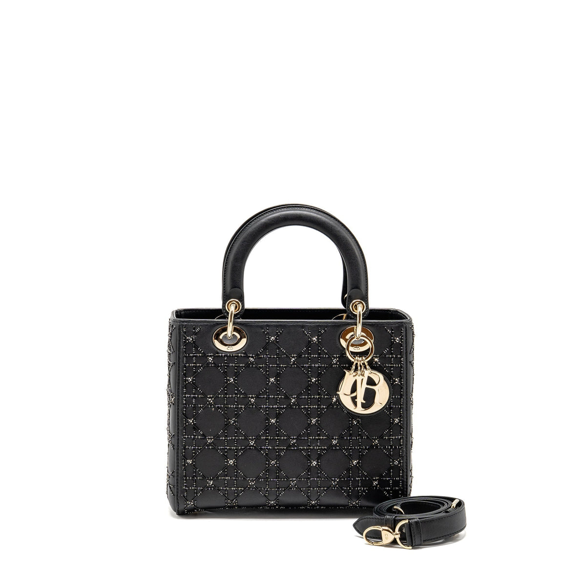 DIOR MEDIUM LADY DIOR EMBELLISHED CANNAGE LIMITED EDITION CALFSKIN BLACK LGHW