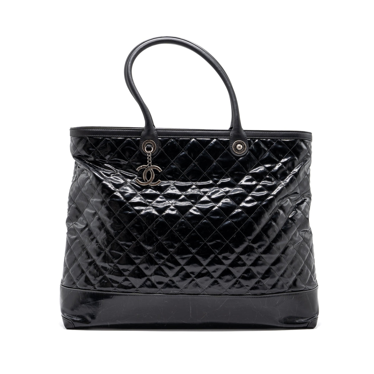CHANEL GIANT ZIP SHOPPING BAG PATENT BLACK RUTHENIUM HARDWARE