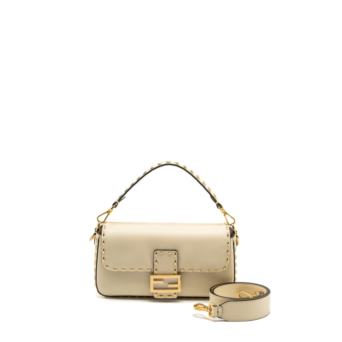 FENDI VITELLO KING METAL STITCH BAGUETTE LAMBSKIN WHITE GHW