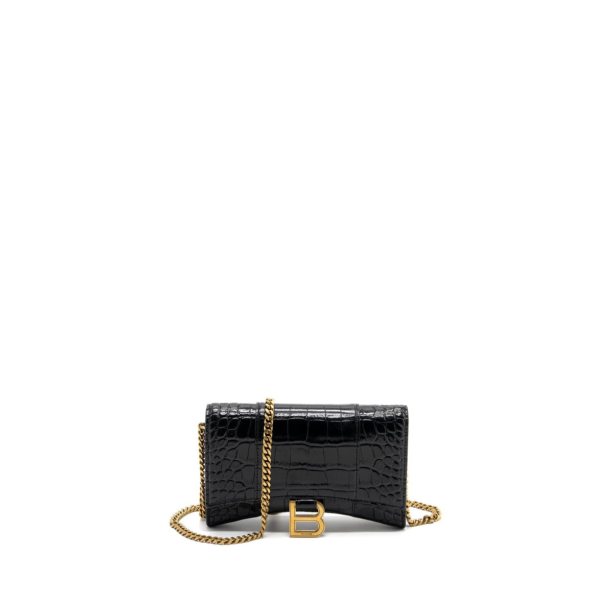 BALENCIAGA HOURGLASS WALLET ON CHAIN CROC EMBOSSED CALFSKIN BLACK GHW