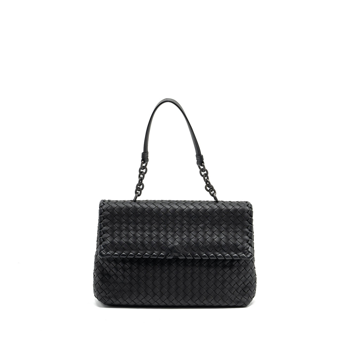BOTTEGA VENETA SINGLE CHAIN FLAP BAG LEATHER BLACK WITH BLACK HARDWARE