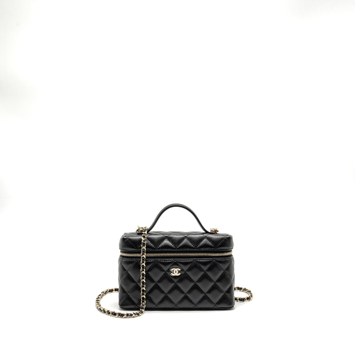 CHANEL 25P CC TOP HANDLE VANITY WITH CHAIN CAVIAR BLACK LGHW (MICROCHIP)