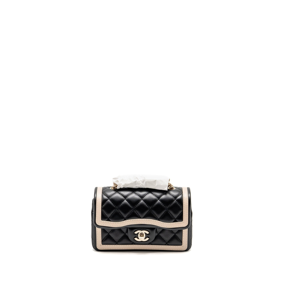 CHANEL 23B QUILTED MINI RECTANGULAR FLAP BAG LAMBSKIN BLACK/BEIGE LGHW (MICROCHIP)