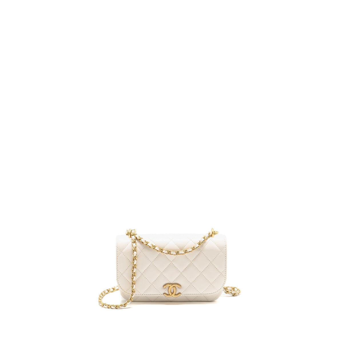 CHANEL FLAP PHONE HOLDER WITH CHAIN SHINY LAMBSKIN WHITE GHW (MICROCHIP)