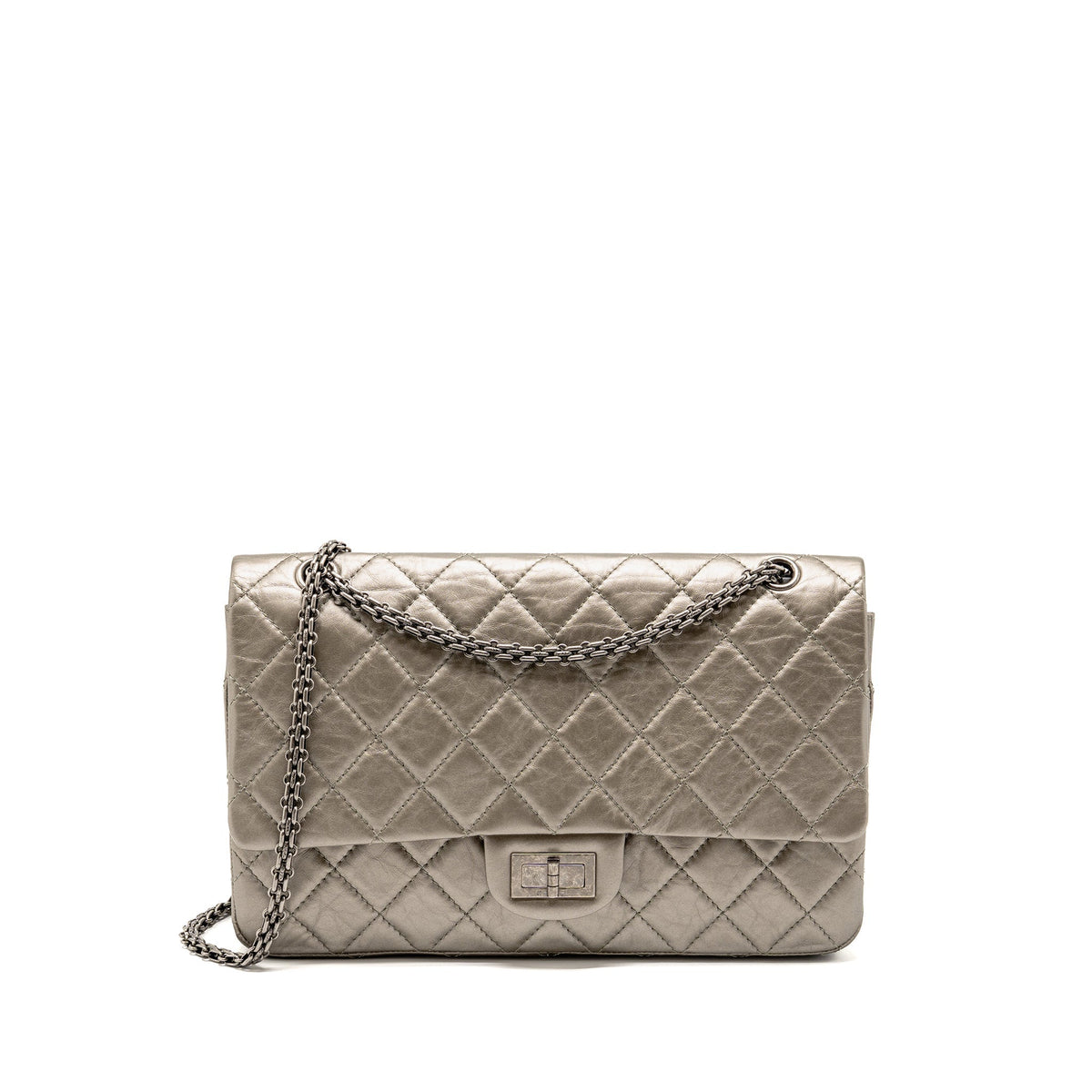 CHANEL MAXI 2.55 REISSUE FLAP BAG AGED CALFSKIN IRIDESCENT LIGHT GREY RUTHENIUM HARDWARE