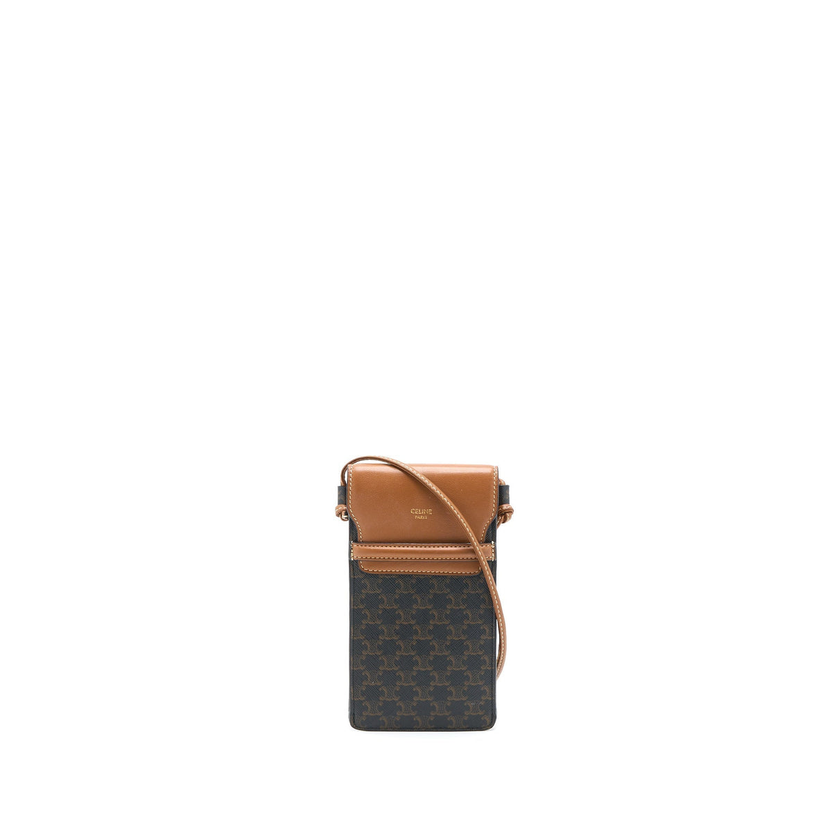 CELINE CROSSBODY VERTICAL PHONE CASE IN TRIOMPHE CANVAS/LAMBSKIN TAN