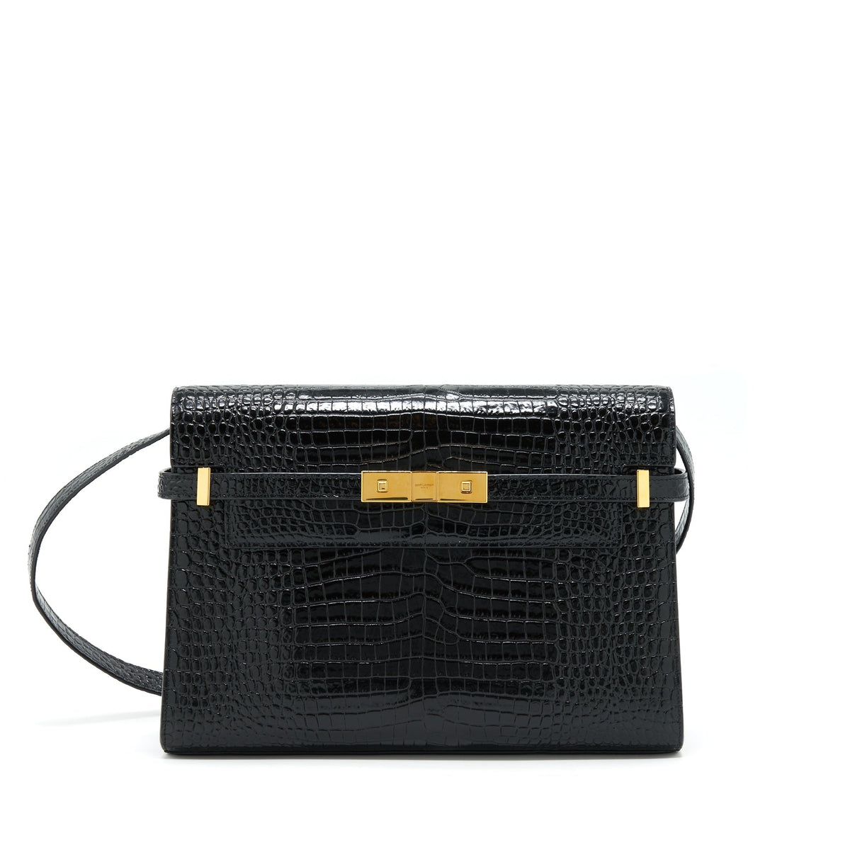 SAINT LAURENT/YSL MANHATTAN SHOULDER BAG SHINY CROC-EMBOSSED BLACK GHW