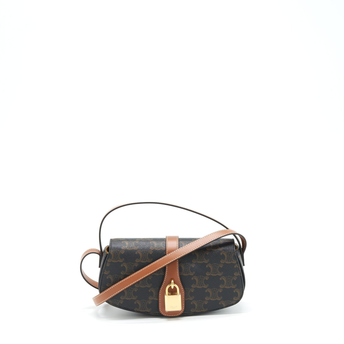 CELINE CLUTCH ON STRAP IN TRIUMPHED CANVAS/CALFSKIN TAN GHW