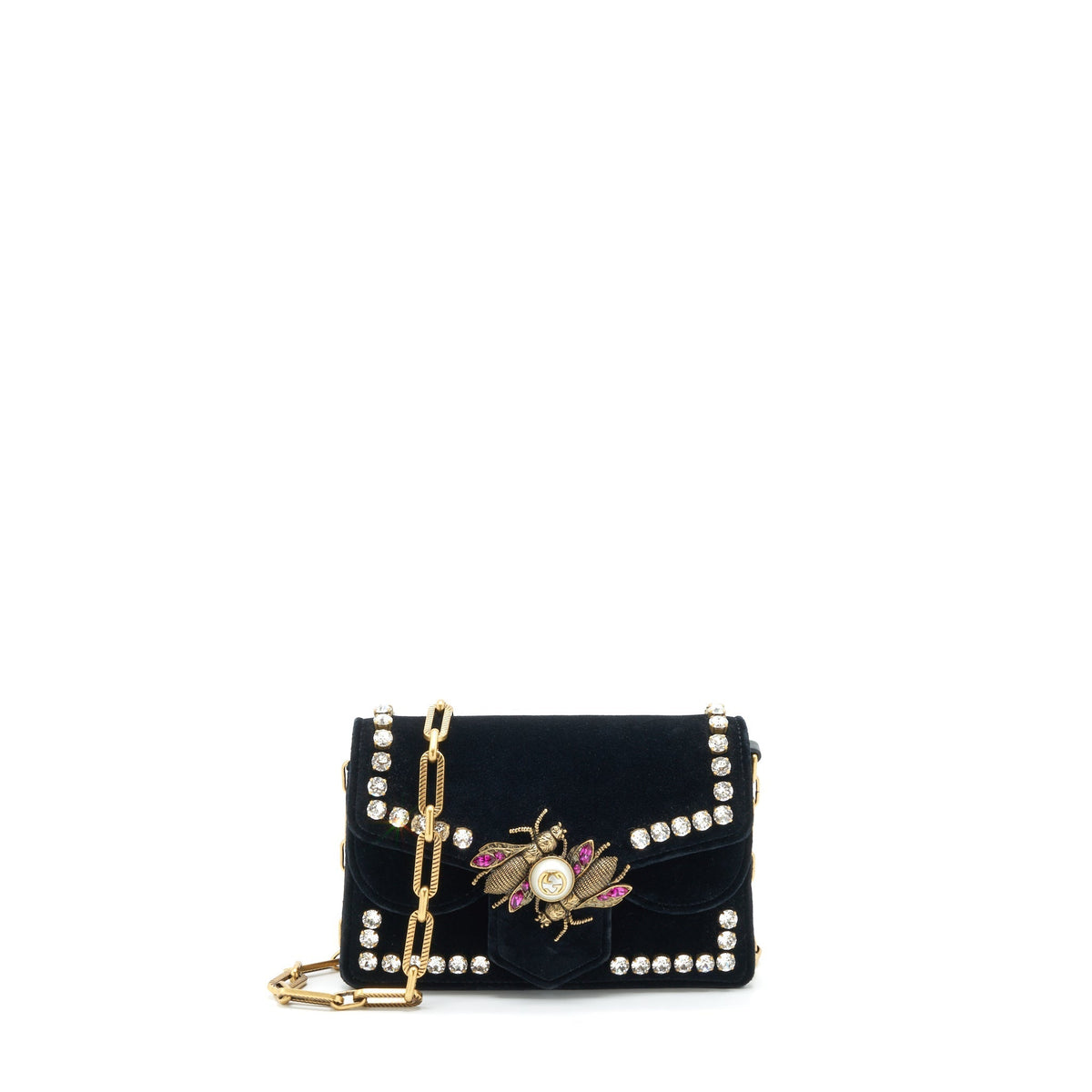 GUCCI MINI BROADWAY CROSSBODY BAG CRYSTAL VELVET BLACK RUTHENIUM GOLD HARDWARE