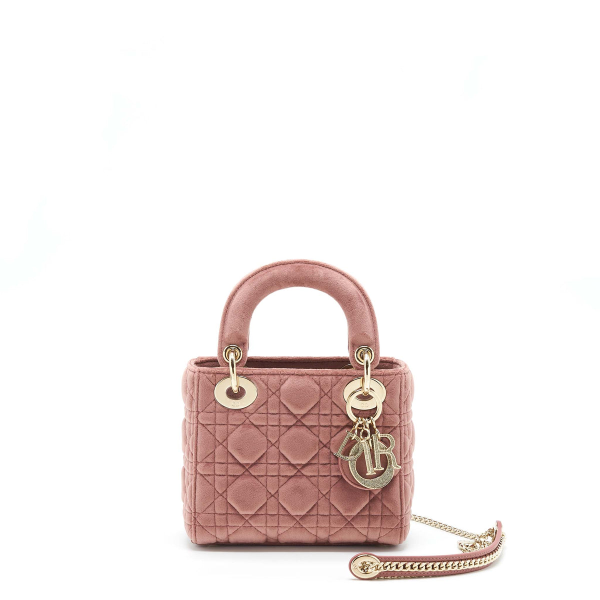 DIOR MINI LADY DIOR VELVET PINK WITH CRYSTAL LIGHT GOLD HARDWARE
