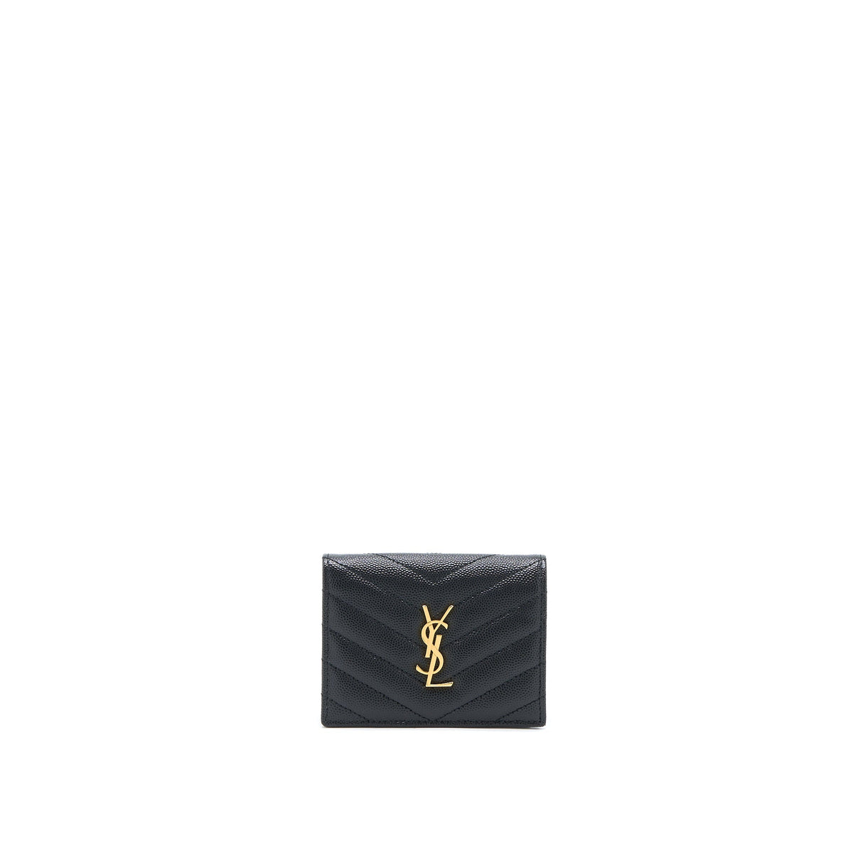 SAINT LAURENT / YSL PEBBLED LOGO PLAQUE CARDHOLDER GRAINED CALFSKIN BLACK GHW