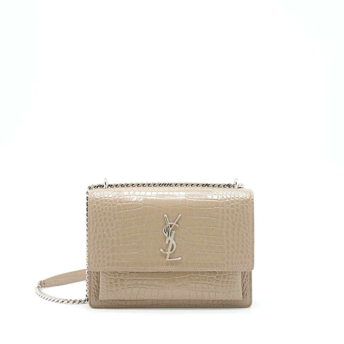 SAINT LAURENT (YSL) MEDIUM SUNSET CROC-EMBOSSED SHINY LIGHT BRONZE SHW