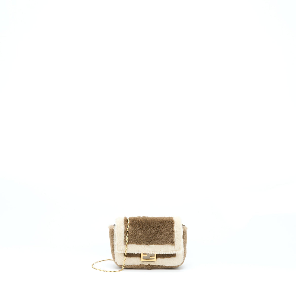 FENDI NANO BAGUETTE CHARM BAG WITH CHAIN BROWN/ CREAM GHW
