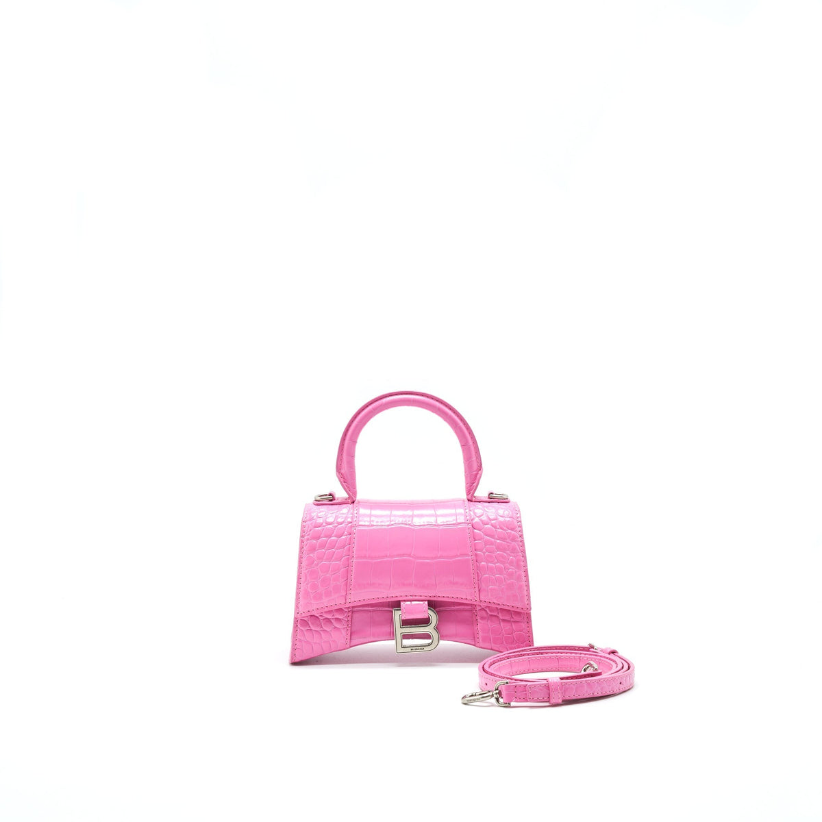 BALENCIAGA HOURGLASS XS CROC-EFFECT LEATHER TOTE PINK