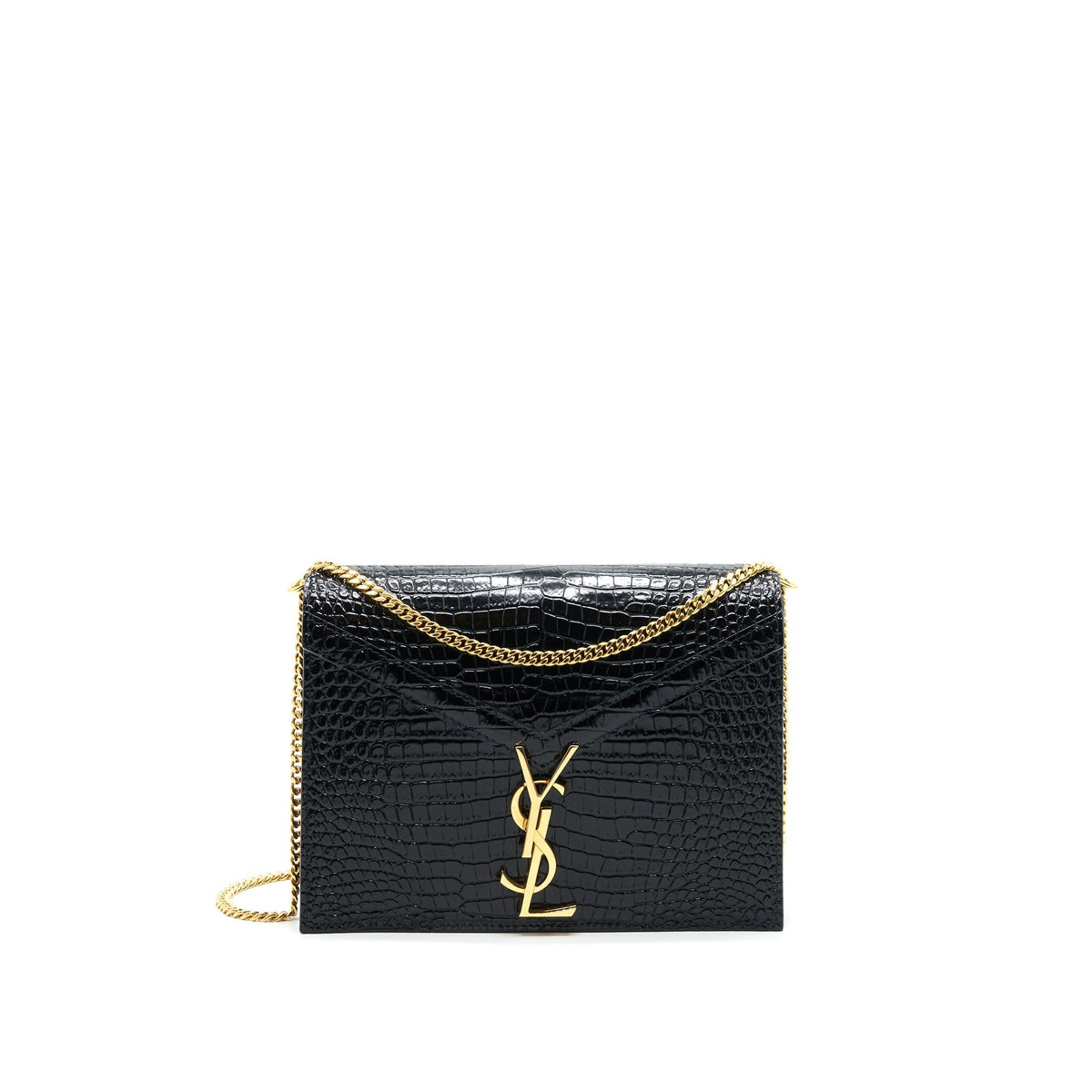 SAINT LAURENT CASSANDRA MONOGRAM CLASP BAG CROC-EMBOSSED CALFSKIN BLACK GHW
